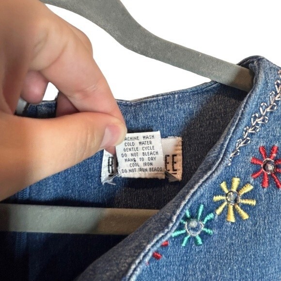 1990s Vintage Denim Shift Dress Daisy Embroidered Stretch Women's 6 Cottagecore - Picture 5 of 6